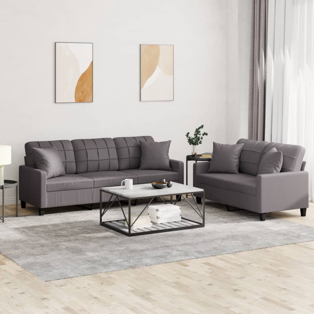 2 Piece Sofa Set with Pillows Grey Faux Leather