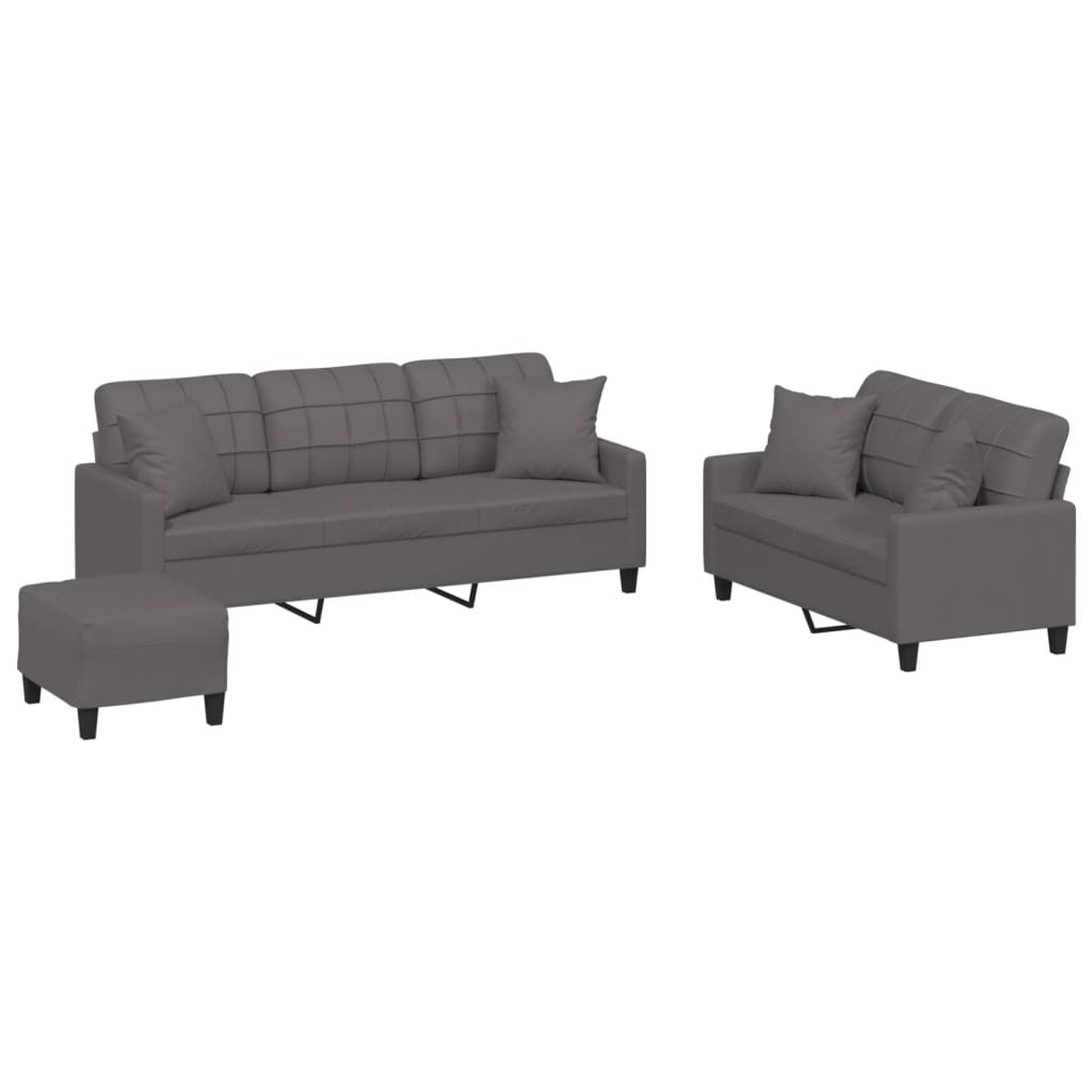 3 Piece Sofa Set with Pillows Grey Faux Leather