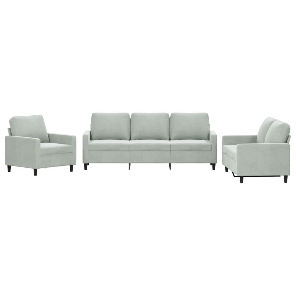 3 Piece Sofa Set with Cushions Light Grey Velvet