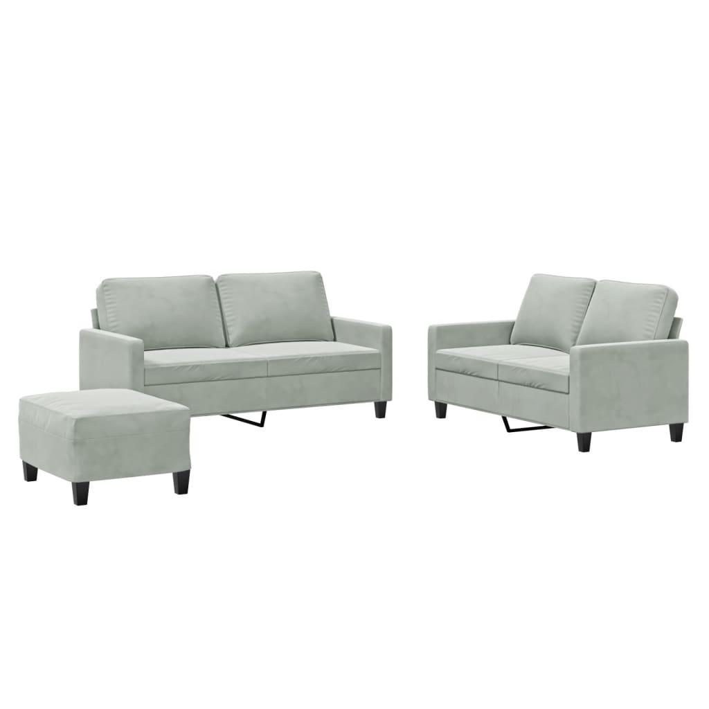 3 Piece Sofa Set with Cushions Light Grey Velvet