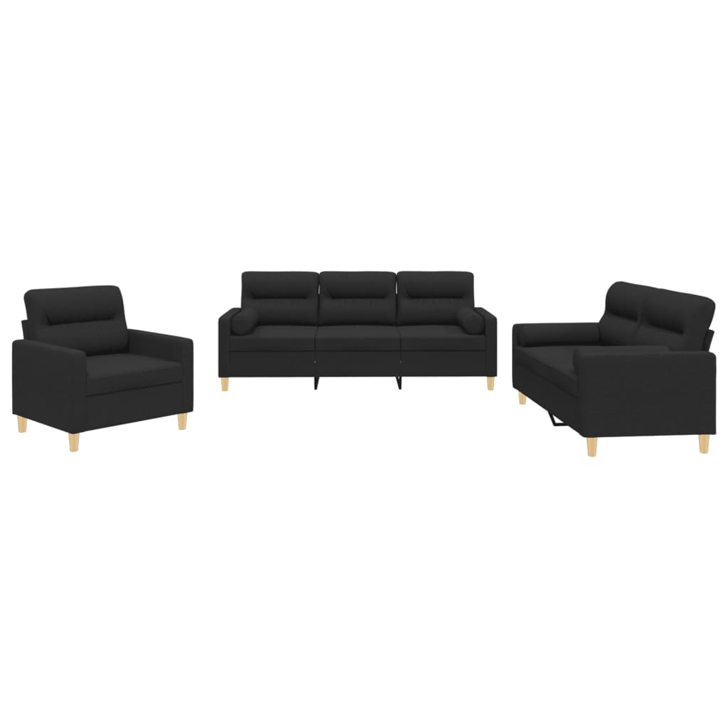 3 Piece Sofa Set with Pillows Black Fabric