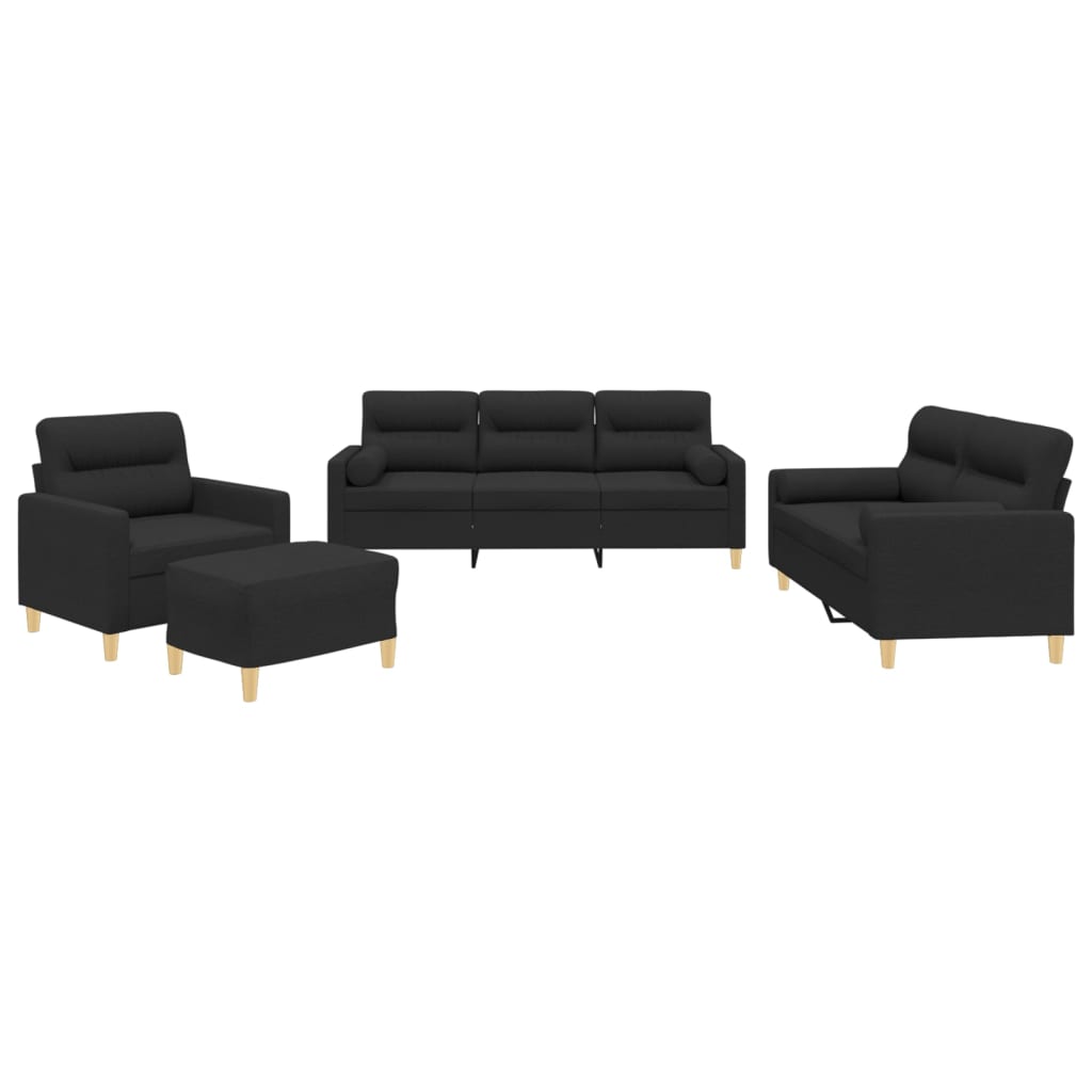 4 Piece Sofa Set with Pillows Black Fabric