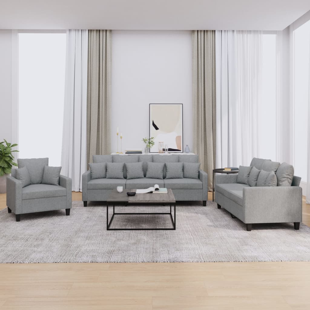 3 Piece Sofa Set with Pillows Light Grey Fabric