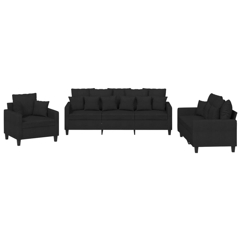 3 Piece Sofa Set with Pillows Black Fabric