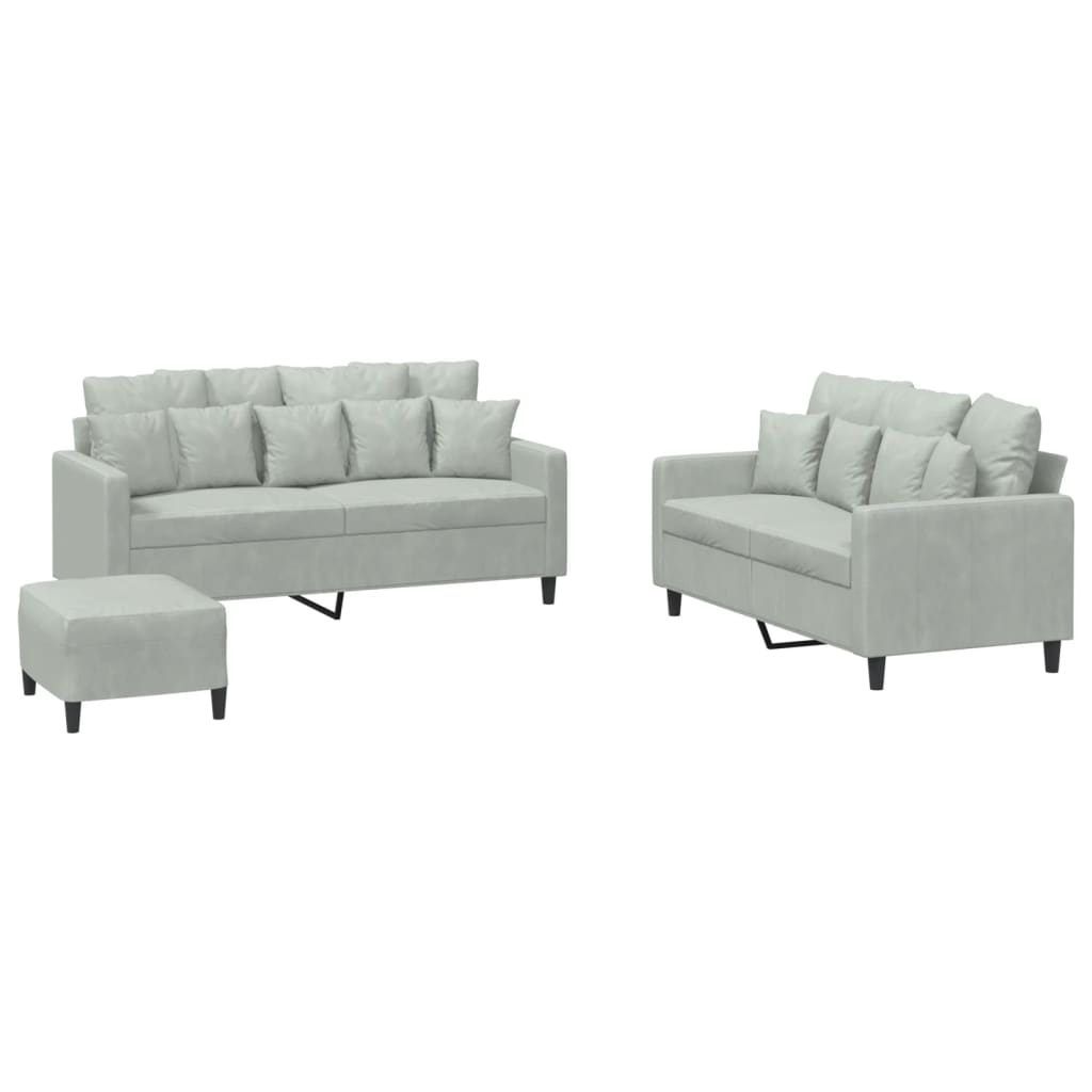 3 Piece Sofa Set with Cushions Light Grey Velvet