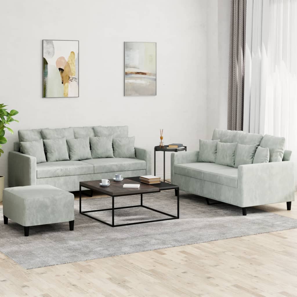 3 Piece Sofa Set with Cushions Light Grey Velvet