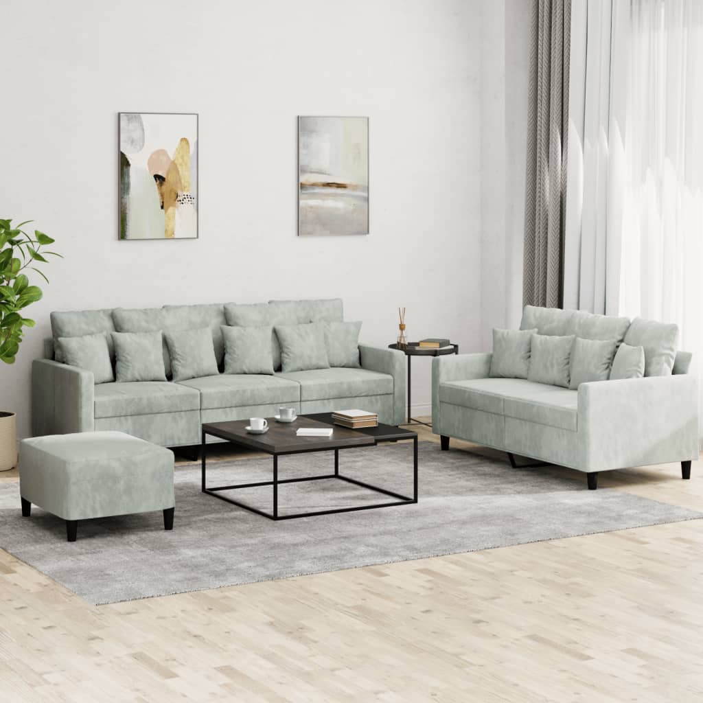 3 Piece Sofa Set with Cushions Light Grey Velvet