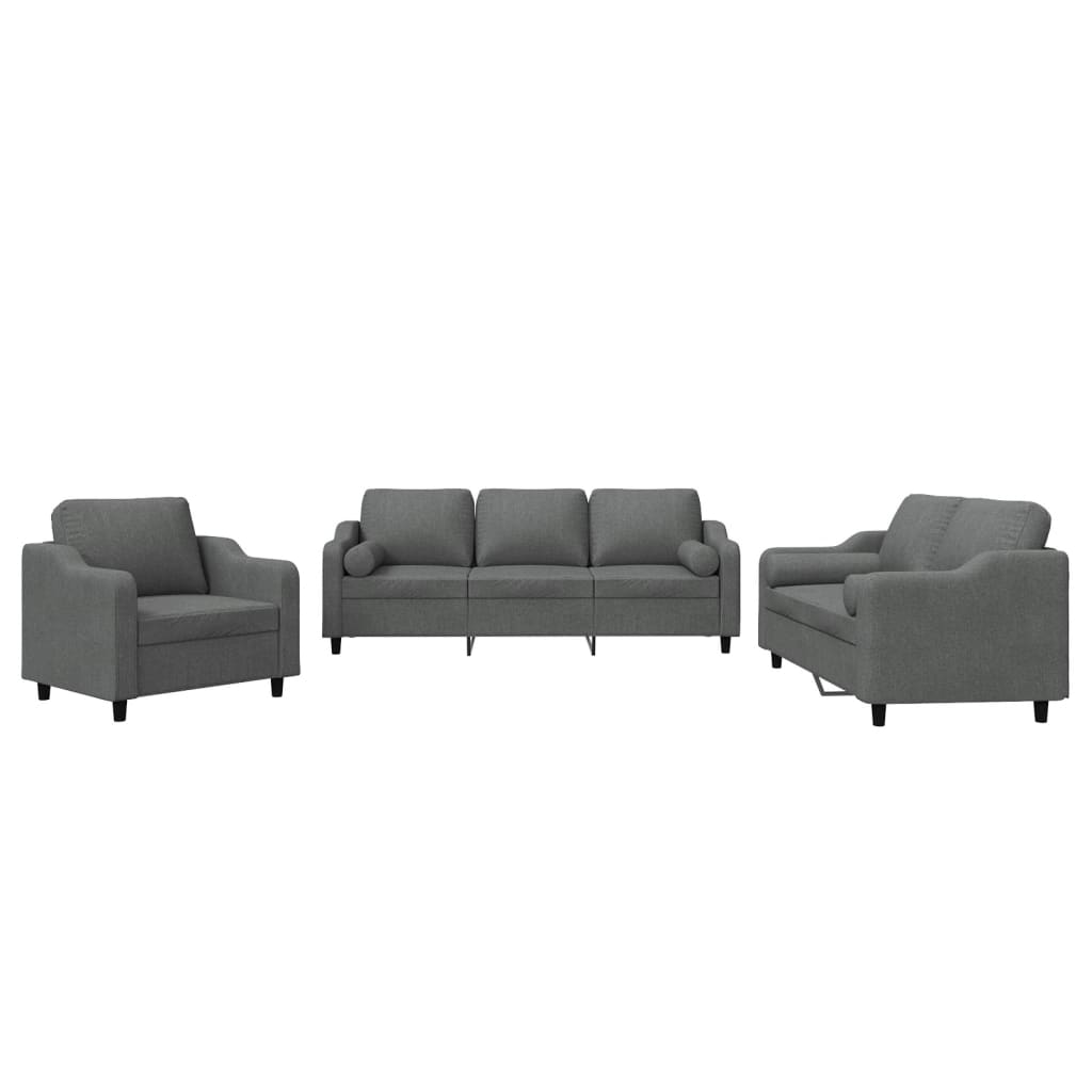 3 Piece Sofa Set with Pillows Dark Grey Fabric