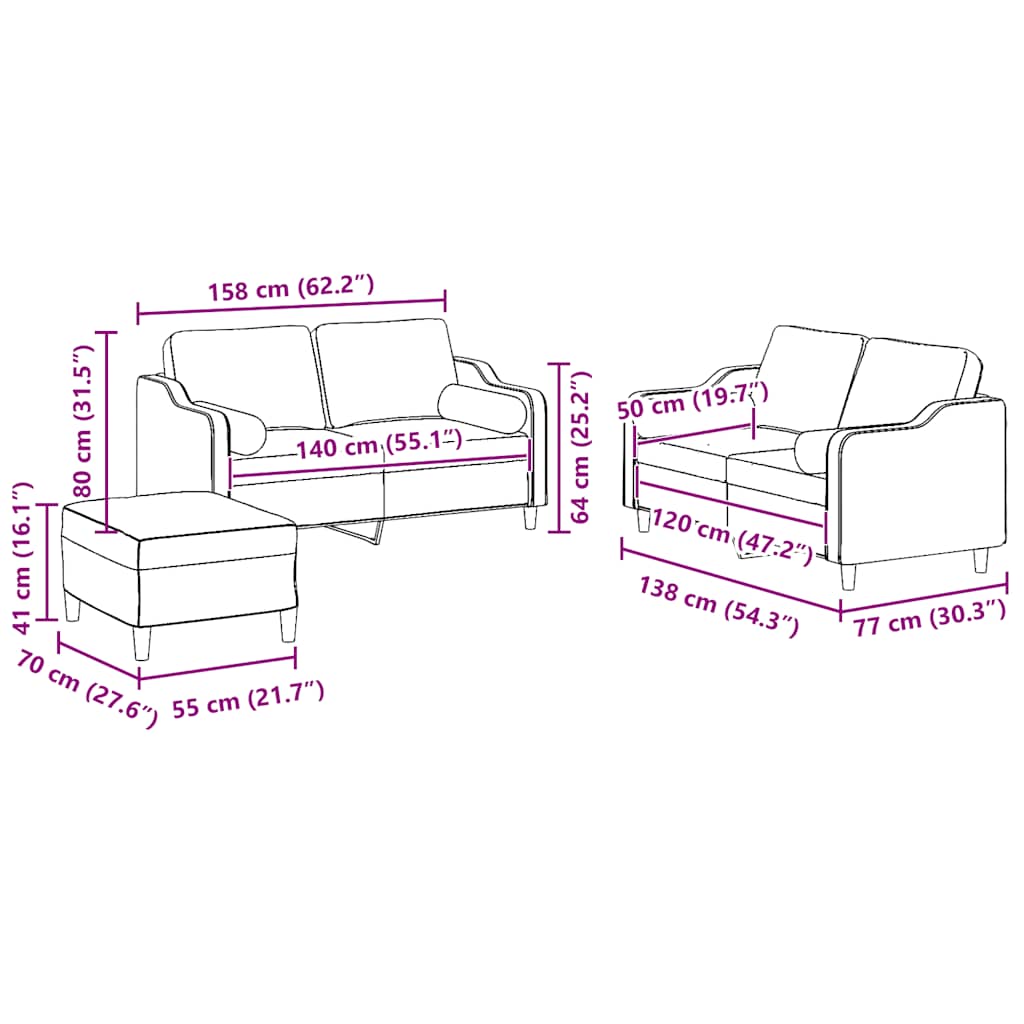 3 Piece Sofa Set with Pillows Light Grey Fabric