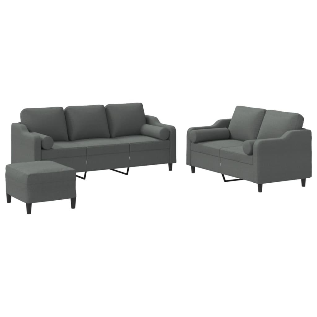 3 Piece Sofa Set with Pillows Dark Grey Fabric