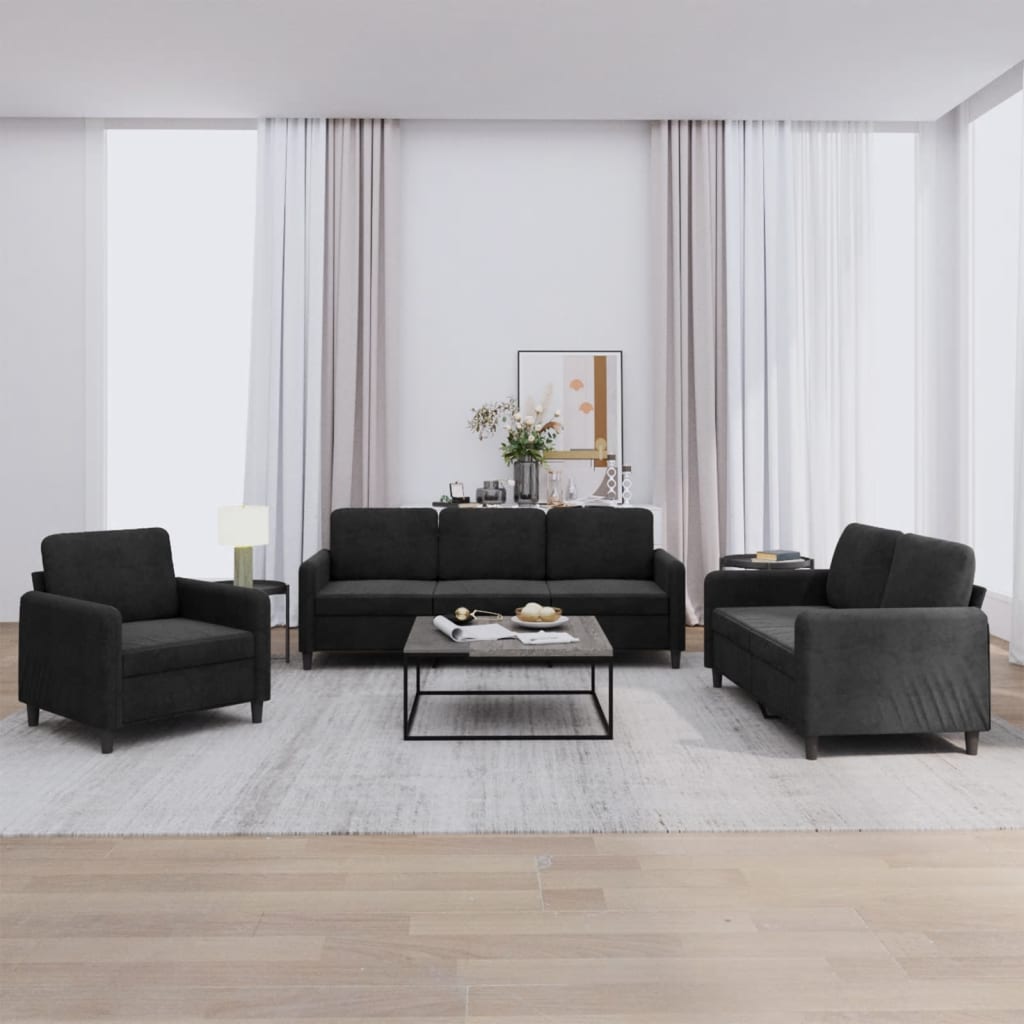 3 Piece Sofa Set Black Velvet