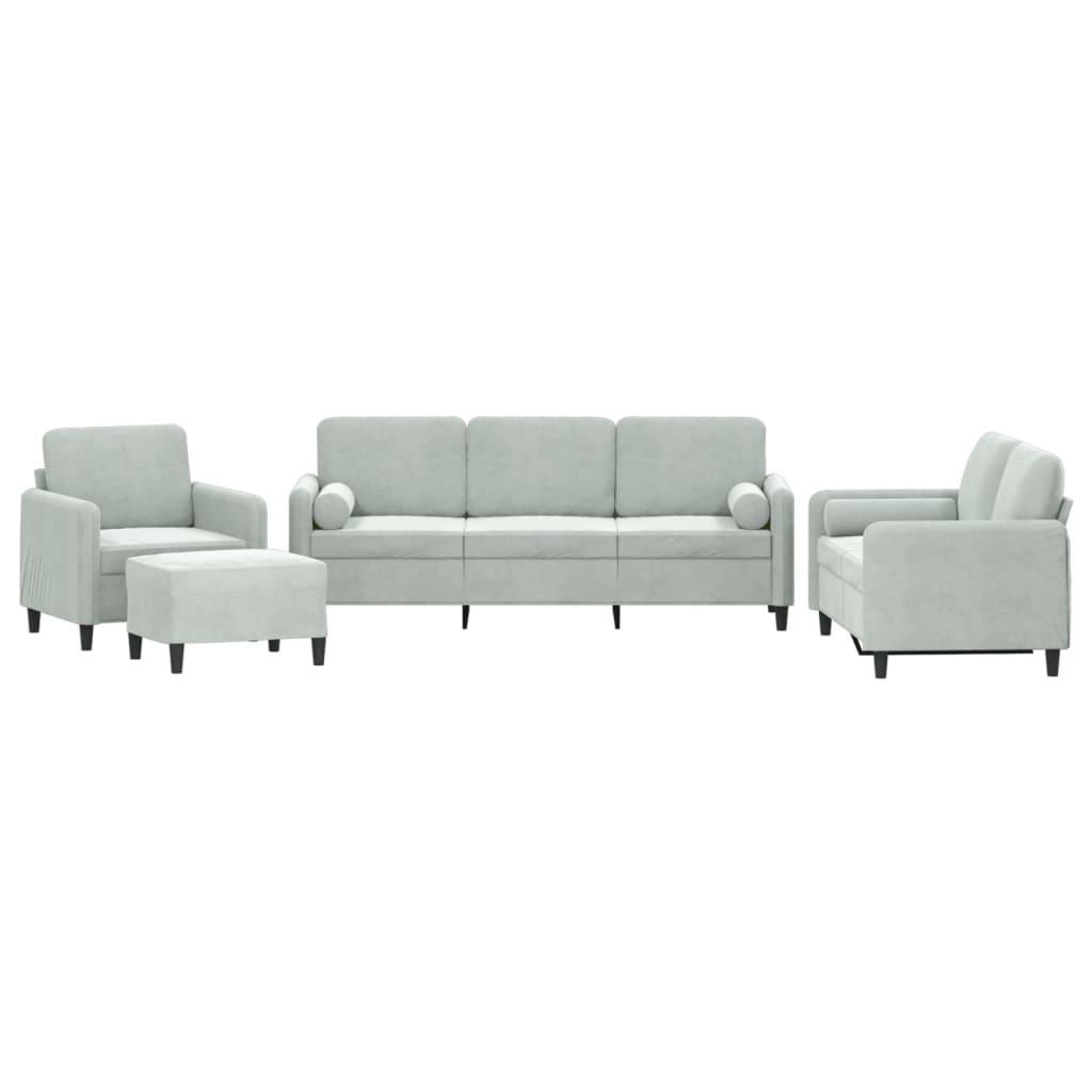 4 Piece Sofa Set with Pillows Light Grey Velvet