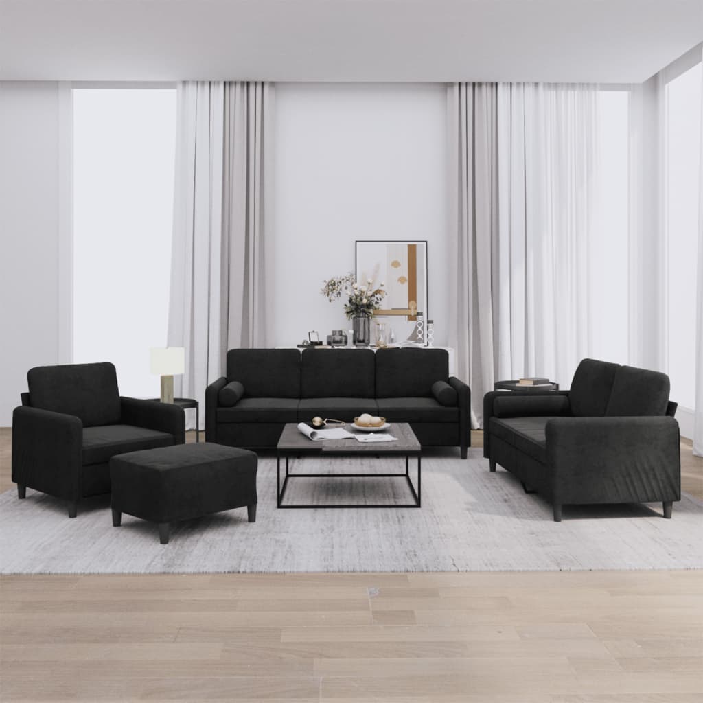 4 Piece Sofa Set with Pillows Black Velvet