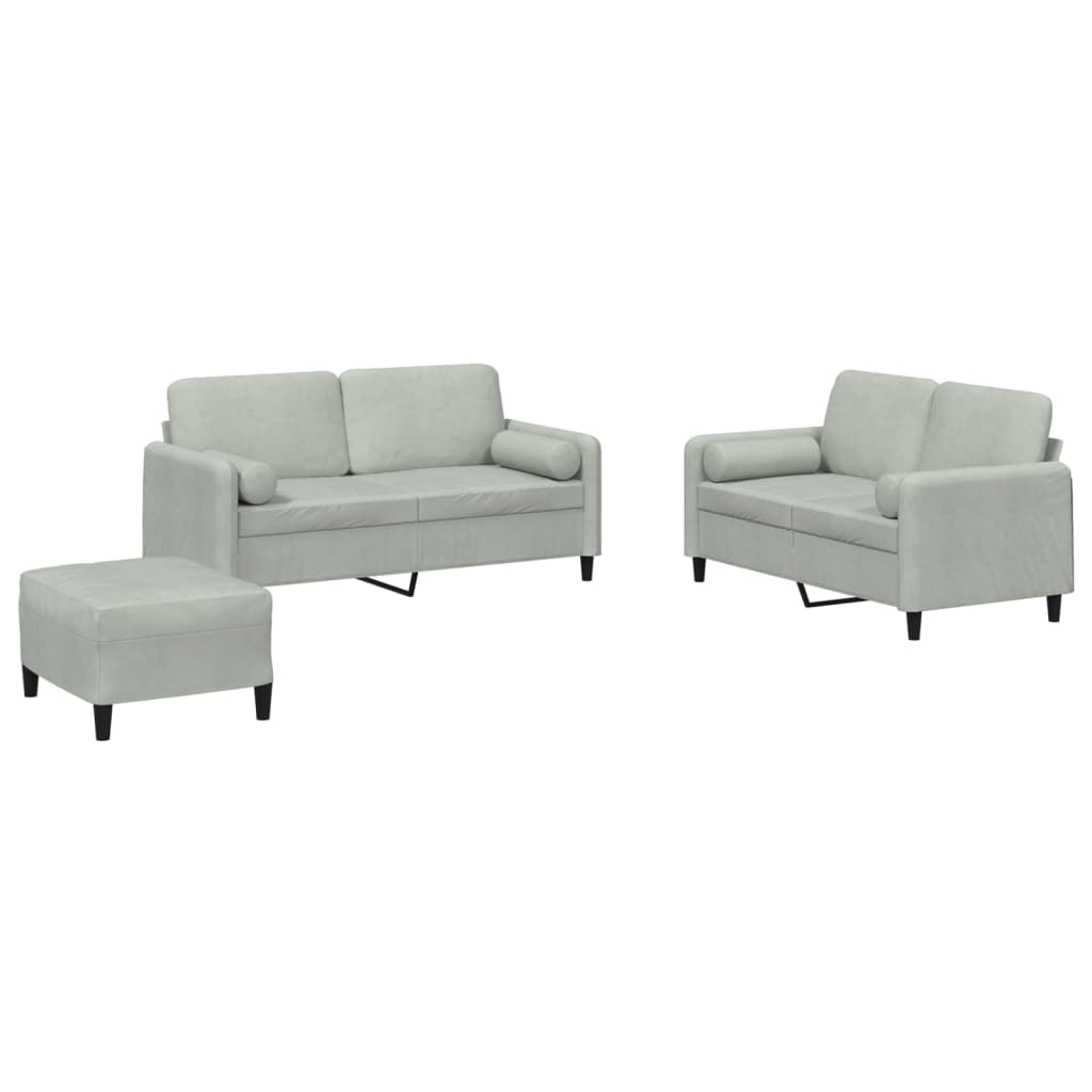 3 Piece Sofa Set with Pillows Light Grey Velvet