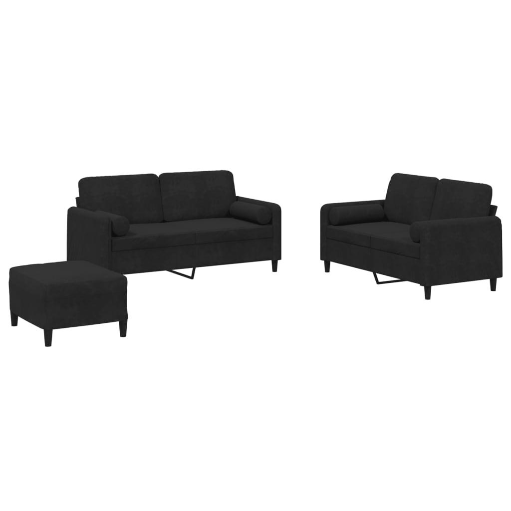 3 Piece Sofa Set with Pillows Black Velvet