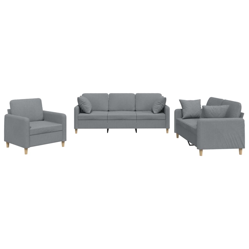 3 Piece Sofa Set with Pillows Light Grey Fabric