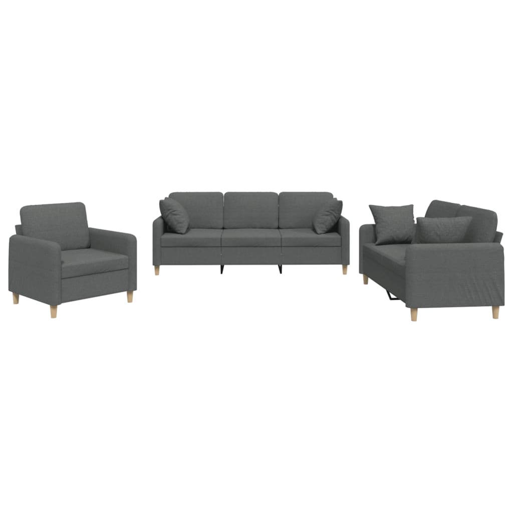 3 Piece Sofa Set with Pillows Dark Grey Fabric