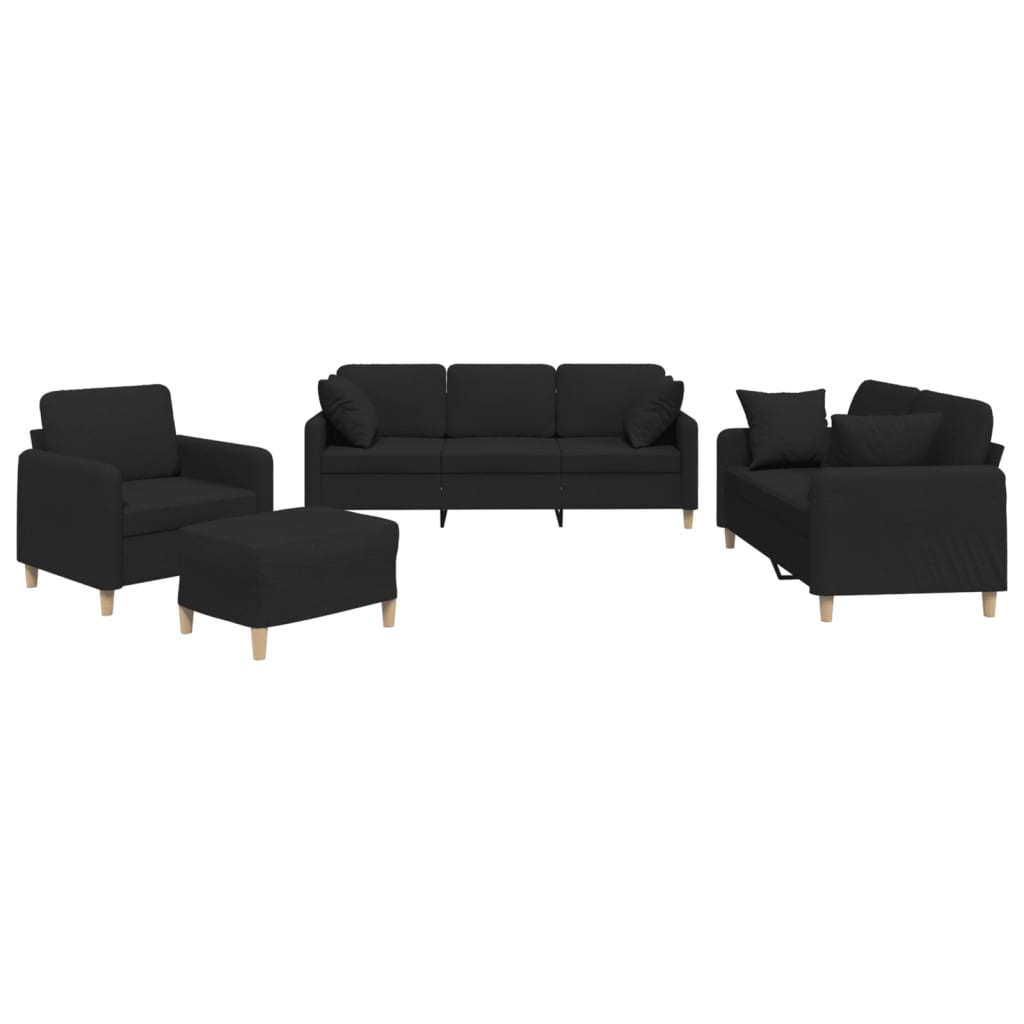 4 Piece Sofa Set with Pillows Black Fabric