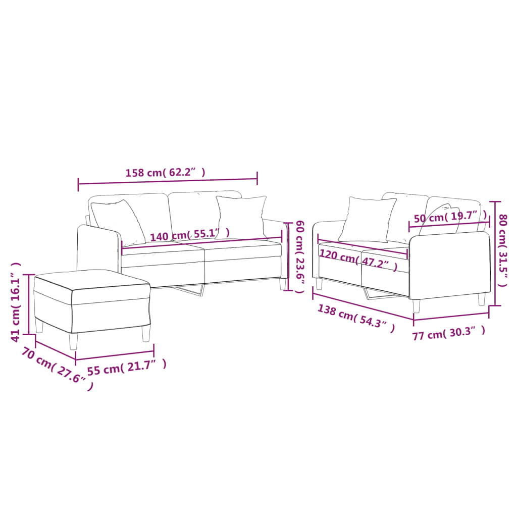 3 Piece Sofa Set with Pillows Black Fabric