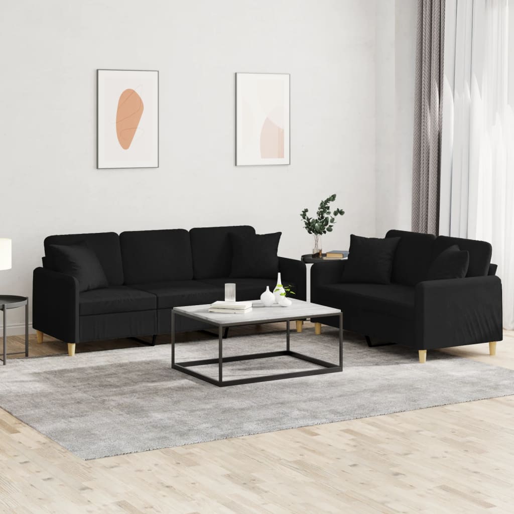 2 Piece Sofa Set with Pillows Black Fabric