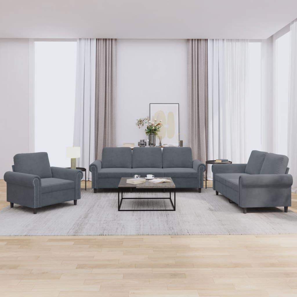 3 Piece Sofa Set with Cushions Dark Grey Velvet