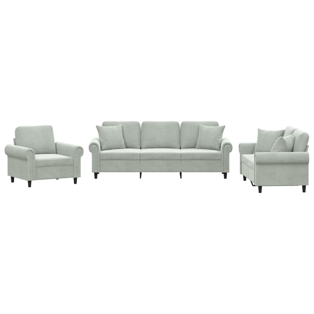 3 Piece Sofa Set with Pillows Light Grey Velvet