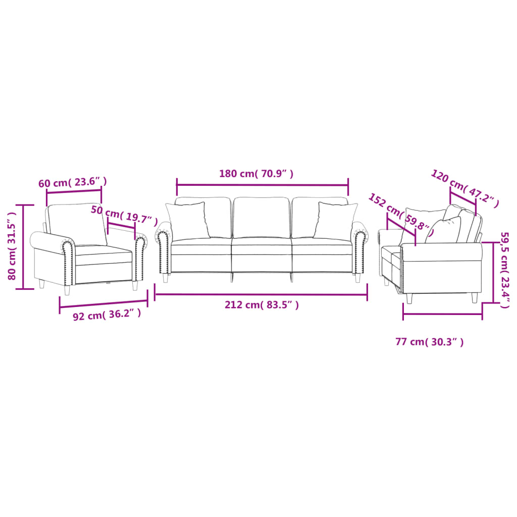 3 Piece Sofa Set with Pillows Light Grey Velvet