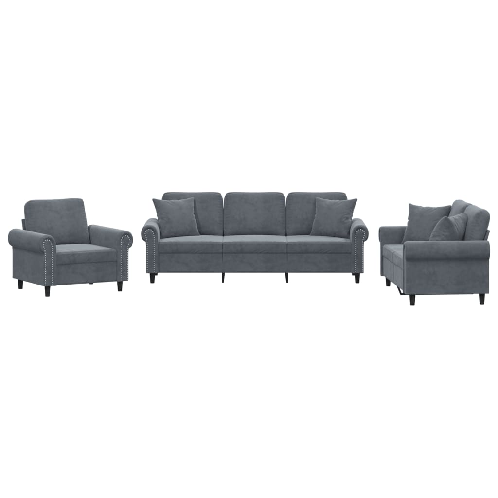 3 Piece Sofa Set with Pillows Dark Grey Velvet
