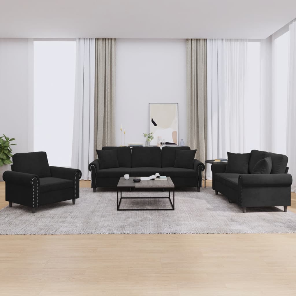 3 Piece Sofa Set with Pillows Black Velvet