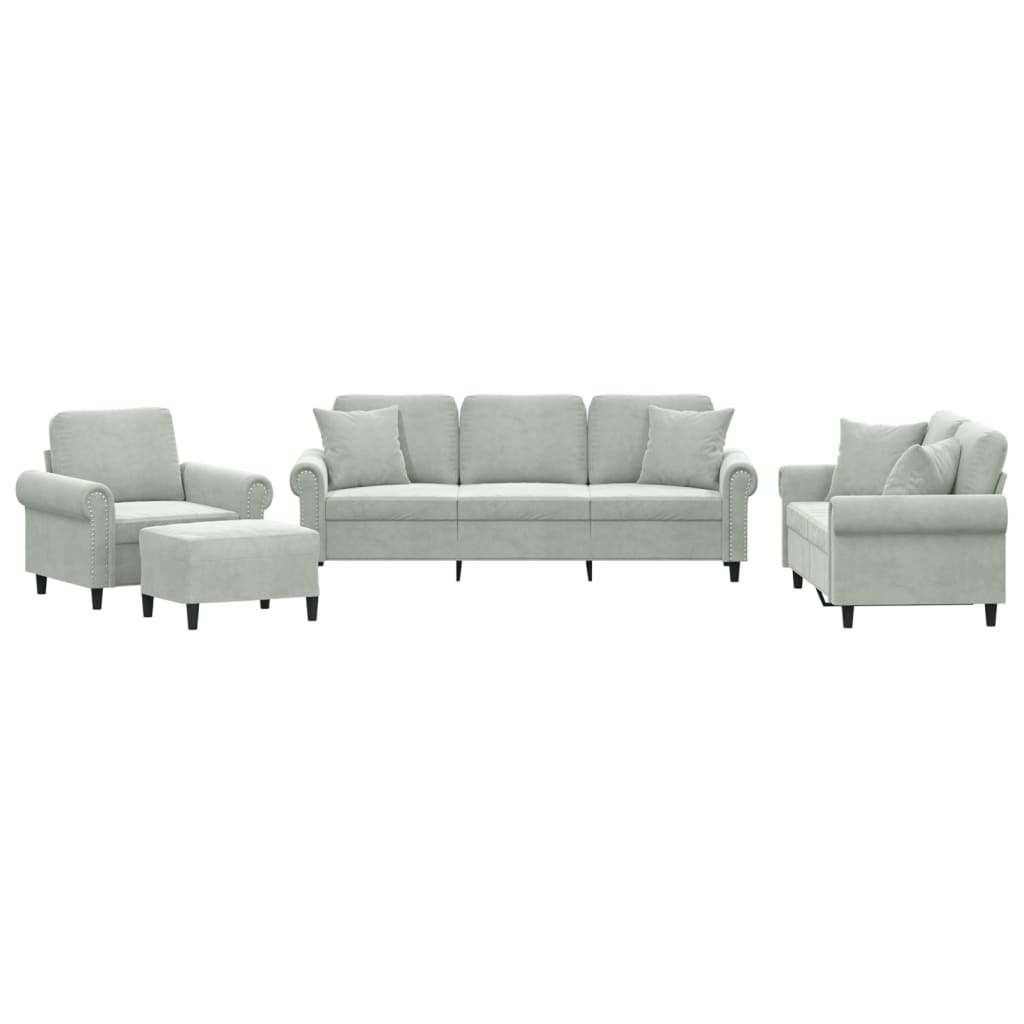 4 Piece Sofa Set with Pillows Light Grey Velvet