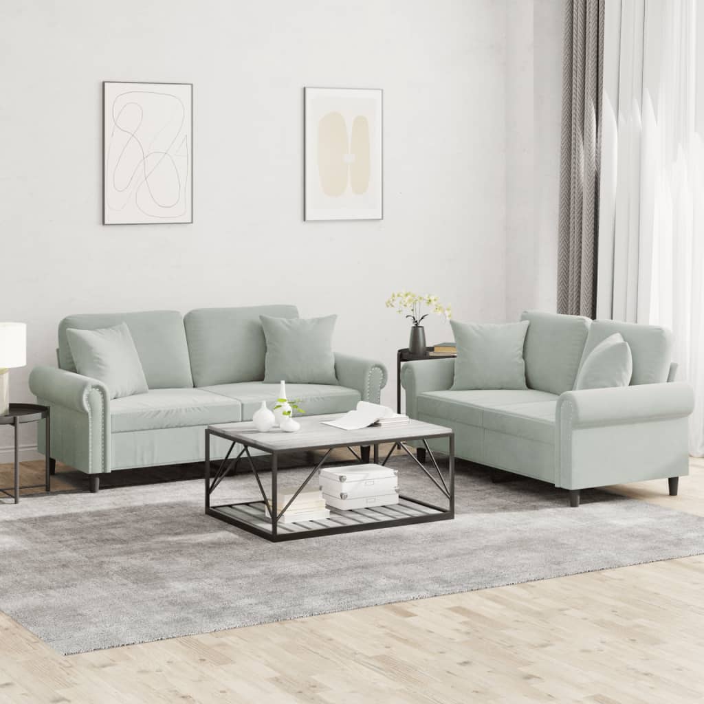 2 Piece Sofa Set with Pillows Light Grey Velvet