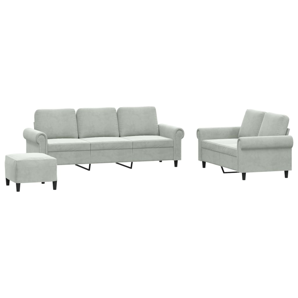 3 Piece Sofa Set with Cushions Light Grey Velvet