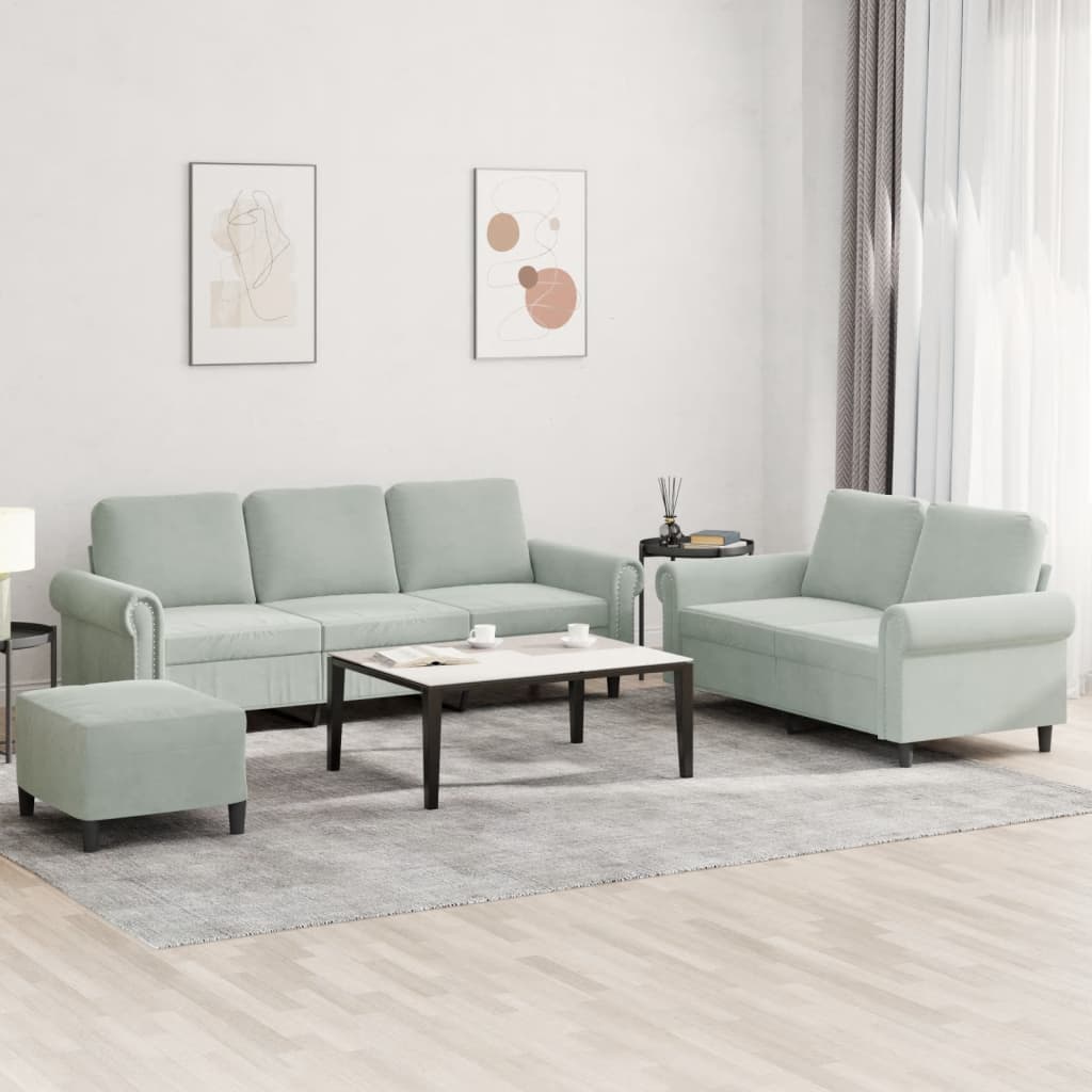 3 Piece Sofa Set with Cushions Light Grey Velvet