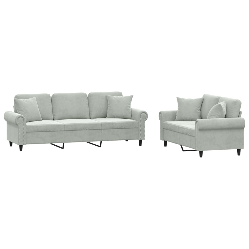 2 Piece Sofa Set with Pillows Light Grey Velvet