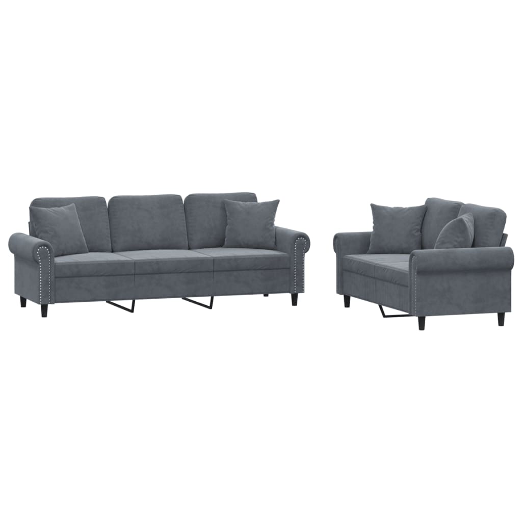 2 Piece Sofa Set with Pillows Dark Grey Velvet
