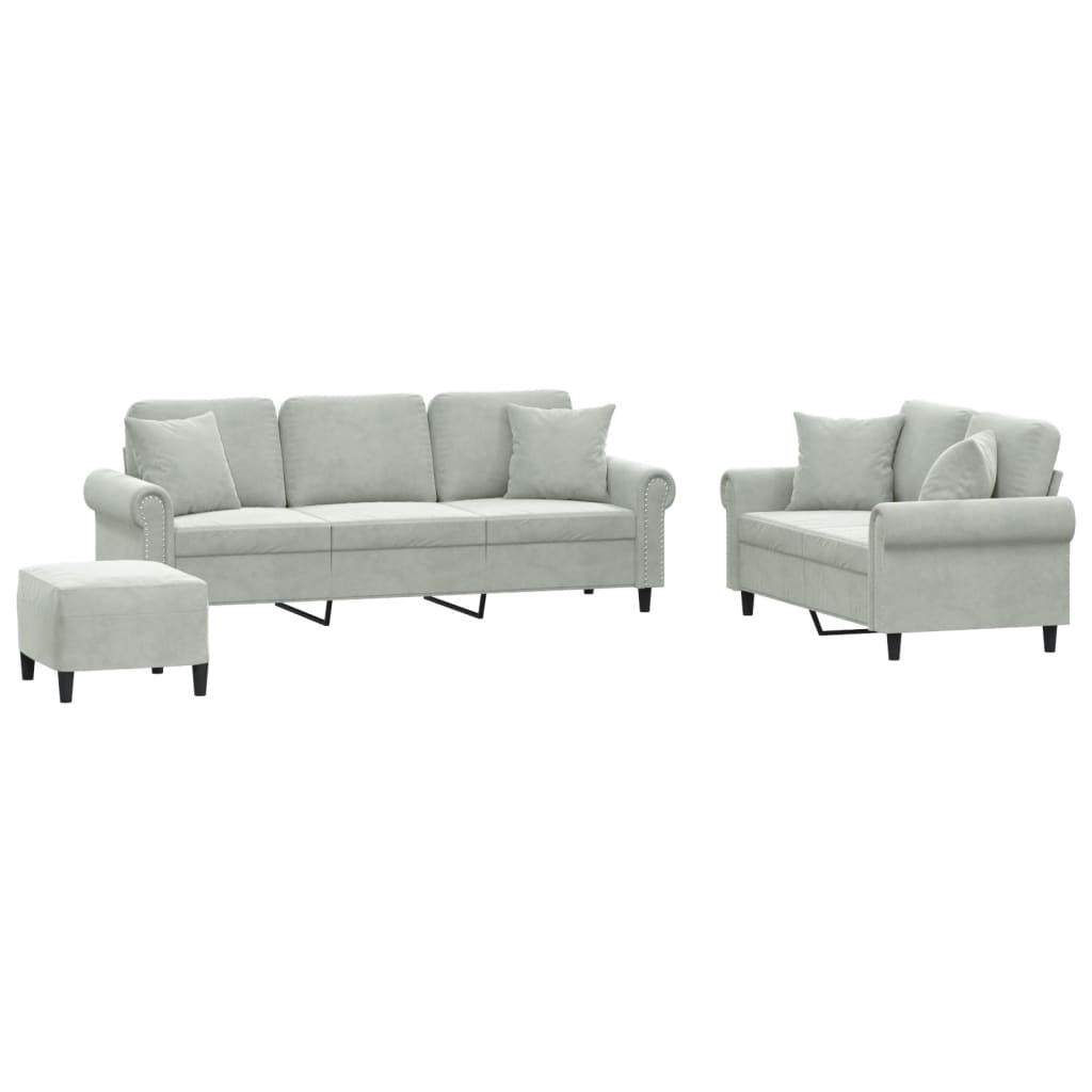 3 Piece Sofa Set with Pillows Light Grey Velvet