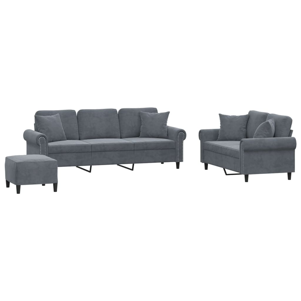 3 Piece Sofa Set with Pillows Dark Grey Velvet
