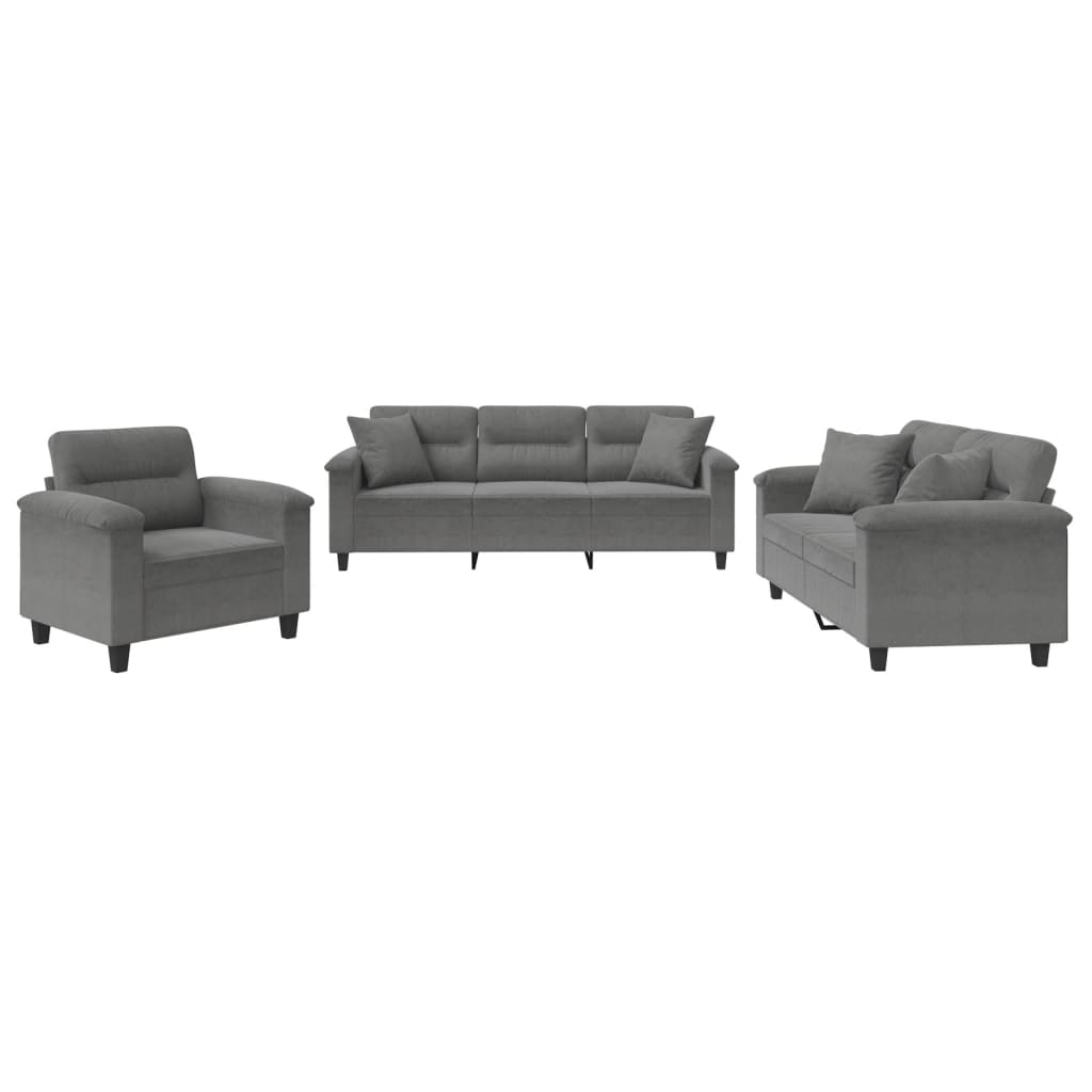 3 Piece Sofa Set with Pillows Dark Grey Microfibre Fabric