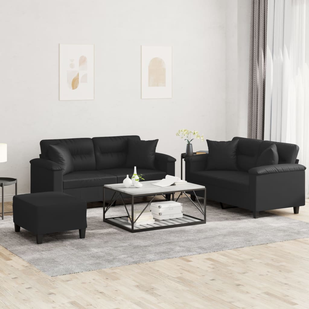 3 Piece Sofa Set with Pillows Black Faux Leather