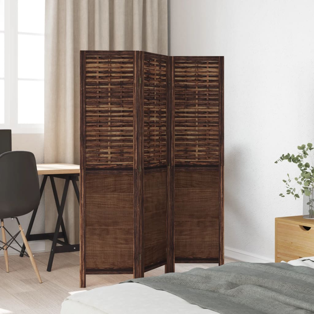 Room Divider 3 Panels Dark Brown Solid Wood Paulownia
