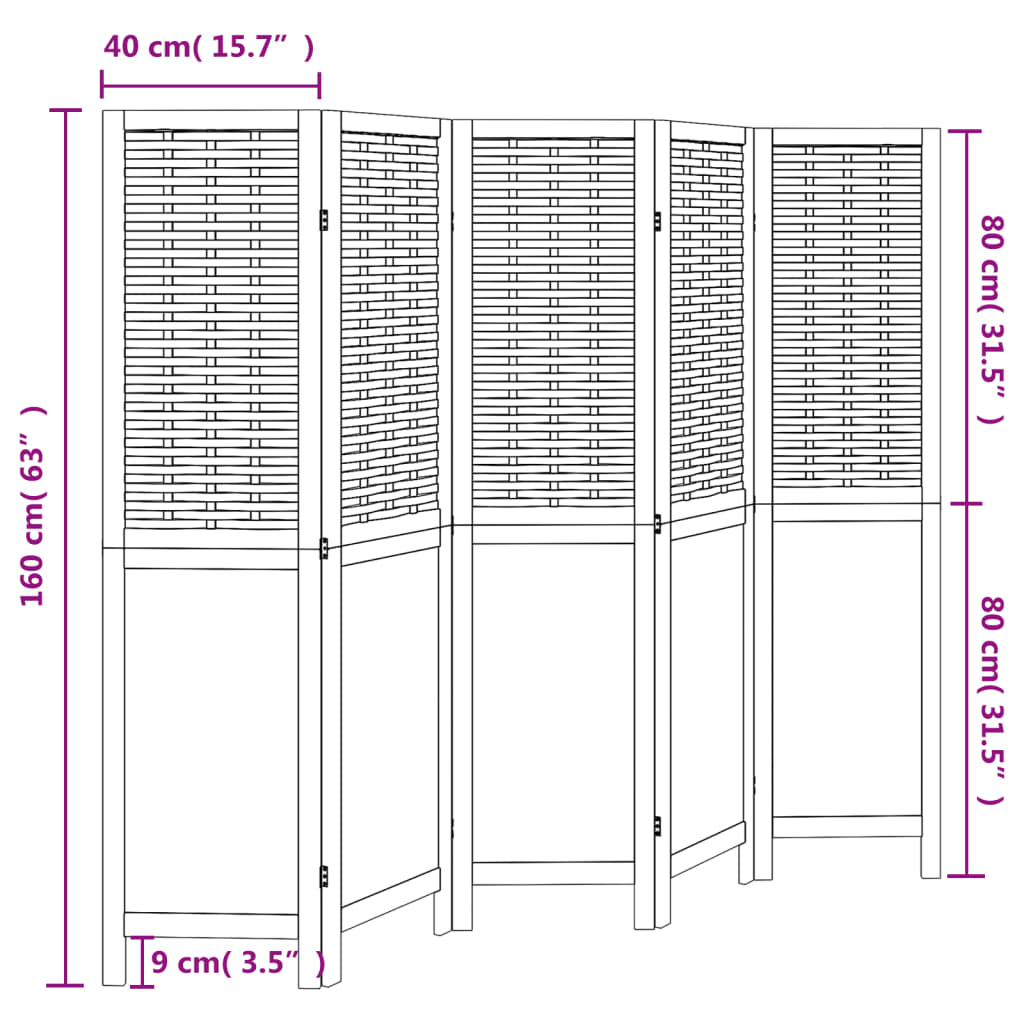 Room Divider 5 Panels Dark Brown Solid Wood Paulownia