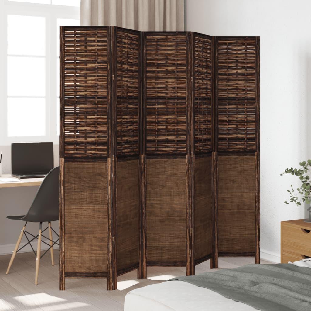 Room Divider 5 Panels Dark Brown Solid Wood Paulownia