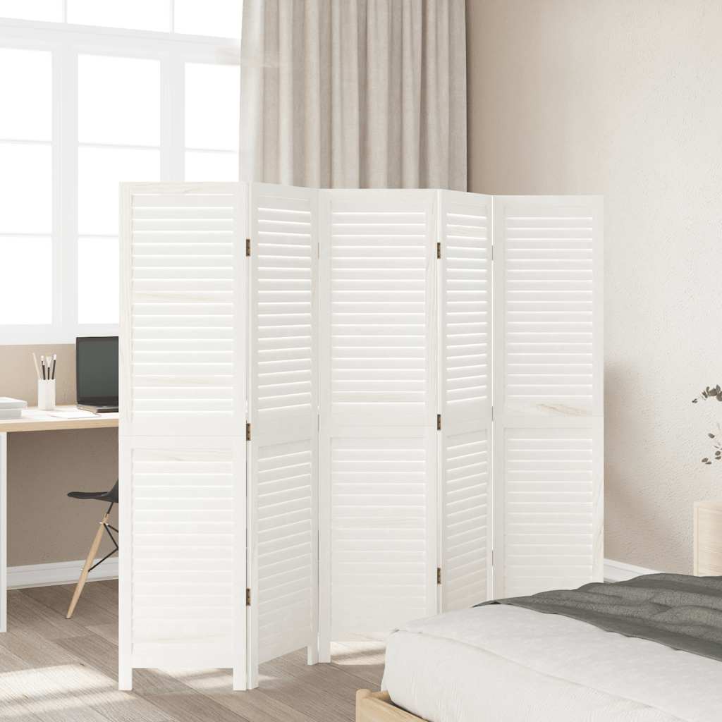 Room Divider 5 Panels White Solid Wood Paulownia
