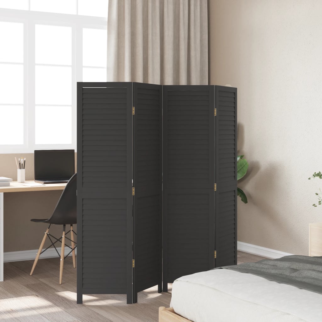 Room Divider 4 Panels Black Solid Wood Paulownia