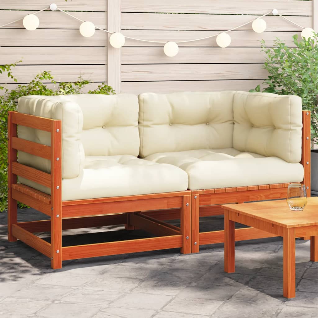 Garden Sofas Corner with Cushions 2 pcs Wax Brown Solid Wood Pine