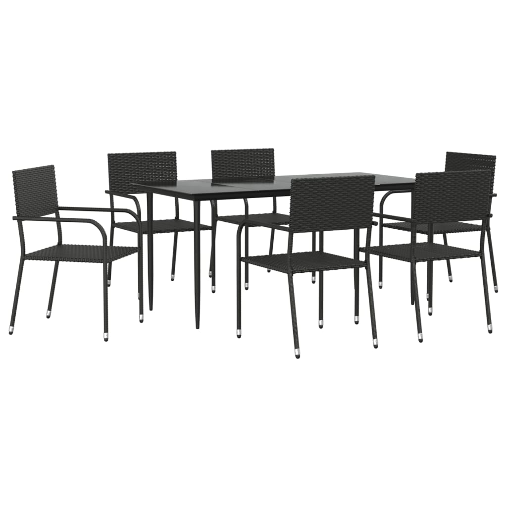 7 Piece Garden Dining Set Black Poly Rattan and Steel