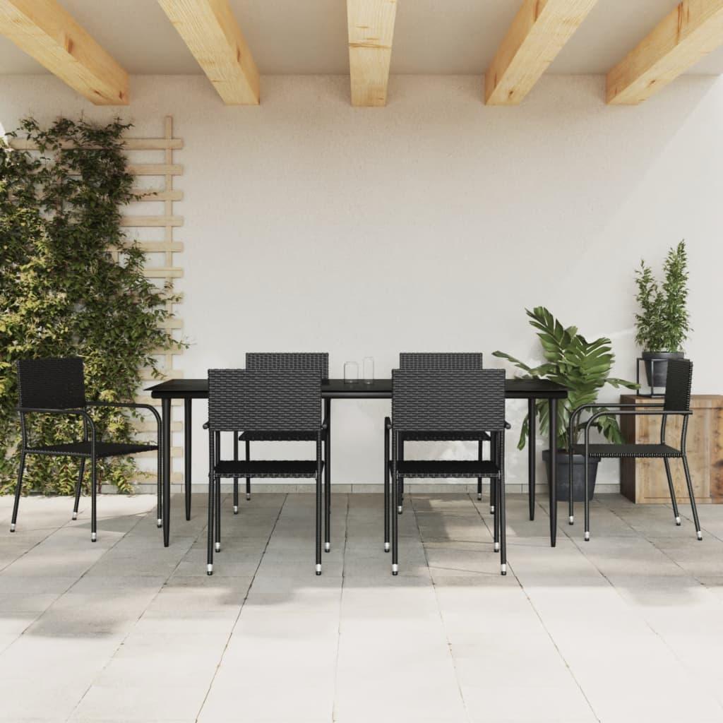 7 Piece Garden Dining Set Black Poly Rattan and Steel