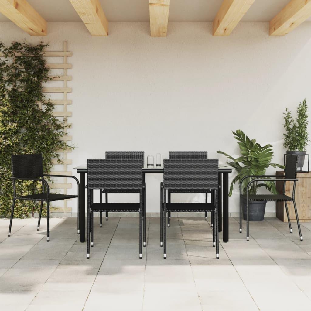 7 Piece Garden Dining Set Black Poly Rattan and Steel