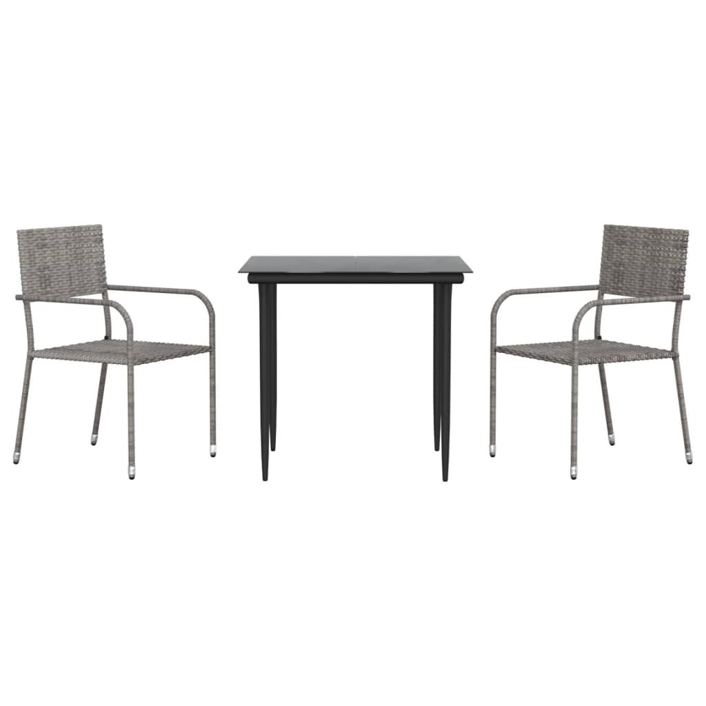 3 Piece Garden Dining Set Grey and Black Poly Rattan and Steel