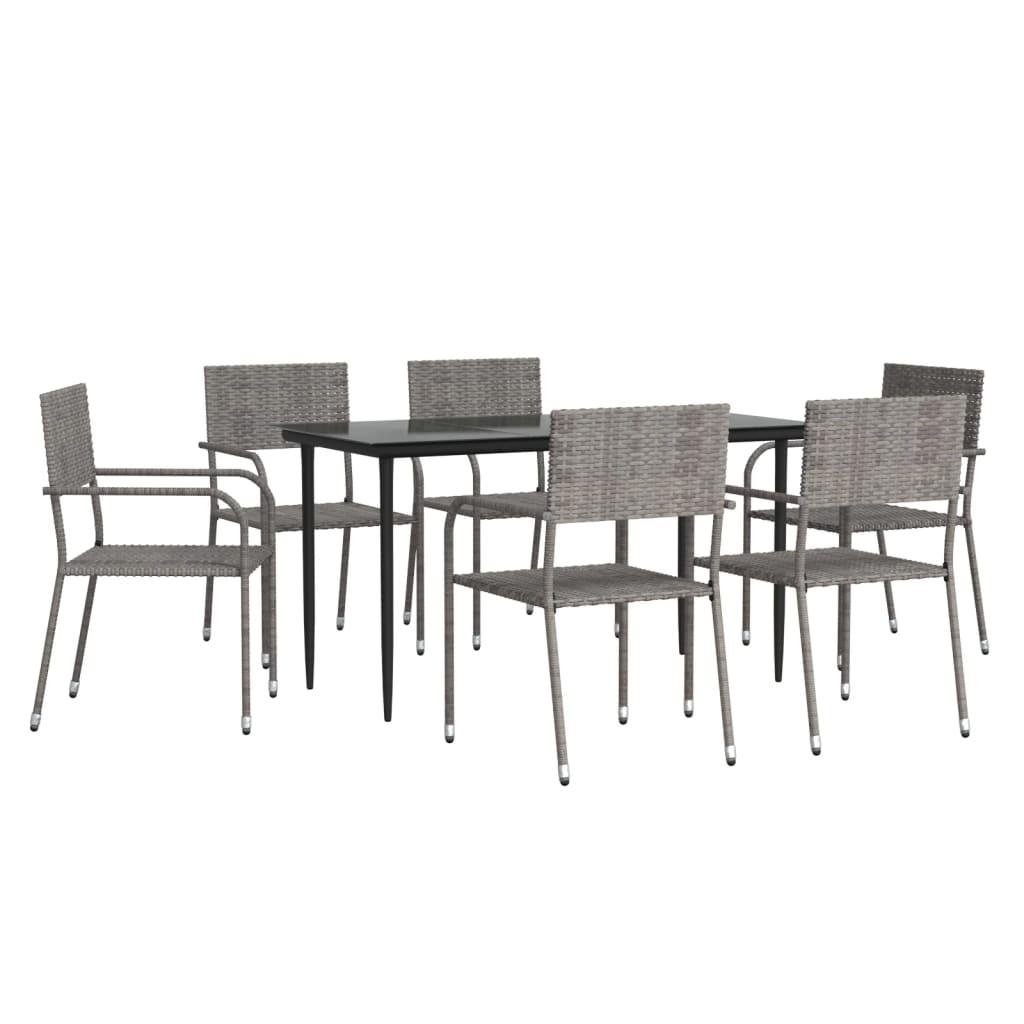 7 Piece Garden Dining Set Grey and Black Poly Rattan and Steel